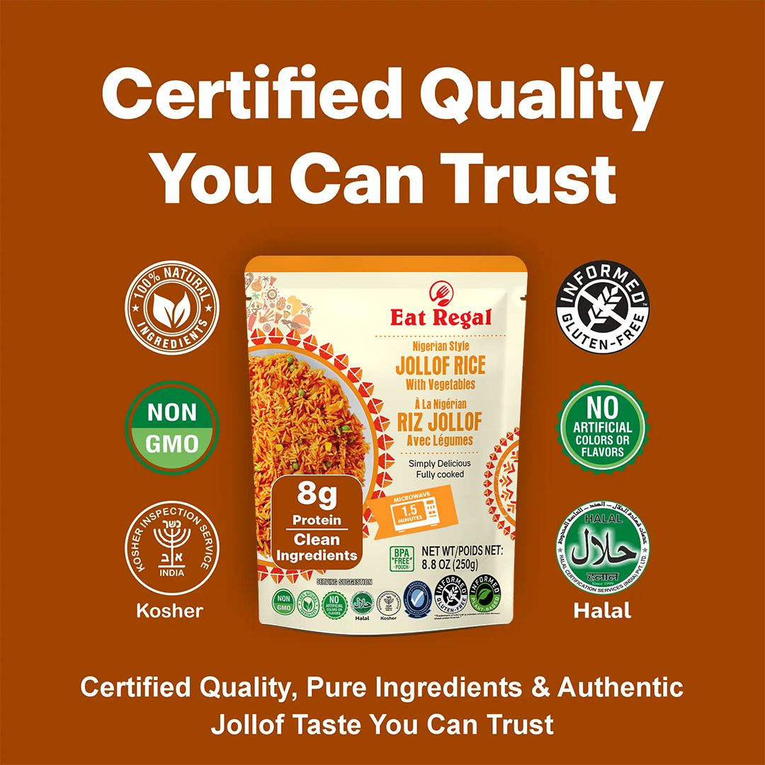 Ready-to-eat Regal Jollof Rice with Vegetables in 8.8 oz packs, featuring colorful vegetables in a flavorful rice dish.