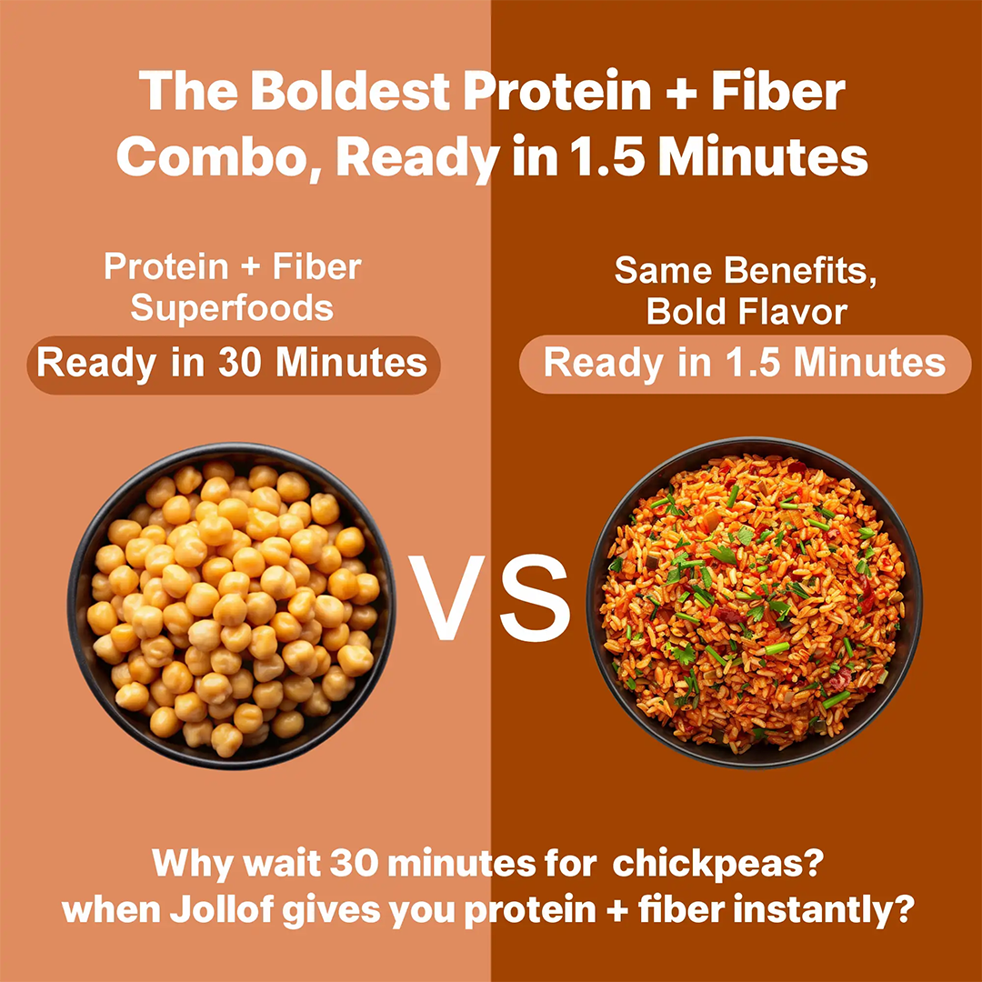 Ready-to-eat Regal Jollof Rice with Vegetables in 8.8-ounce packs, showcasing vibrant rice and vegetable ingredients.