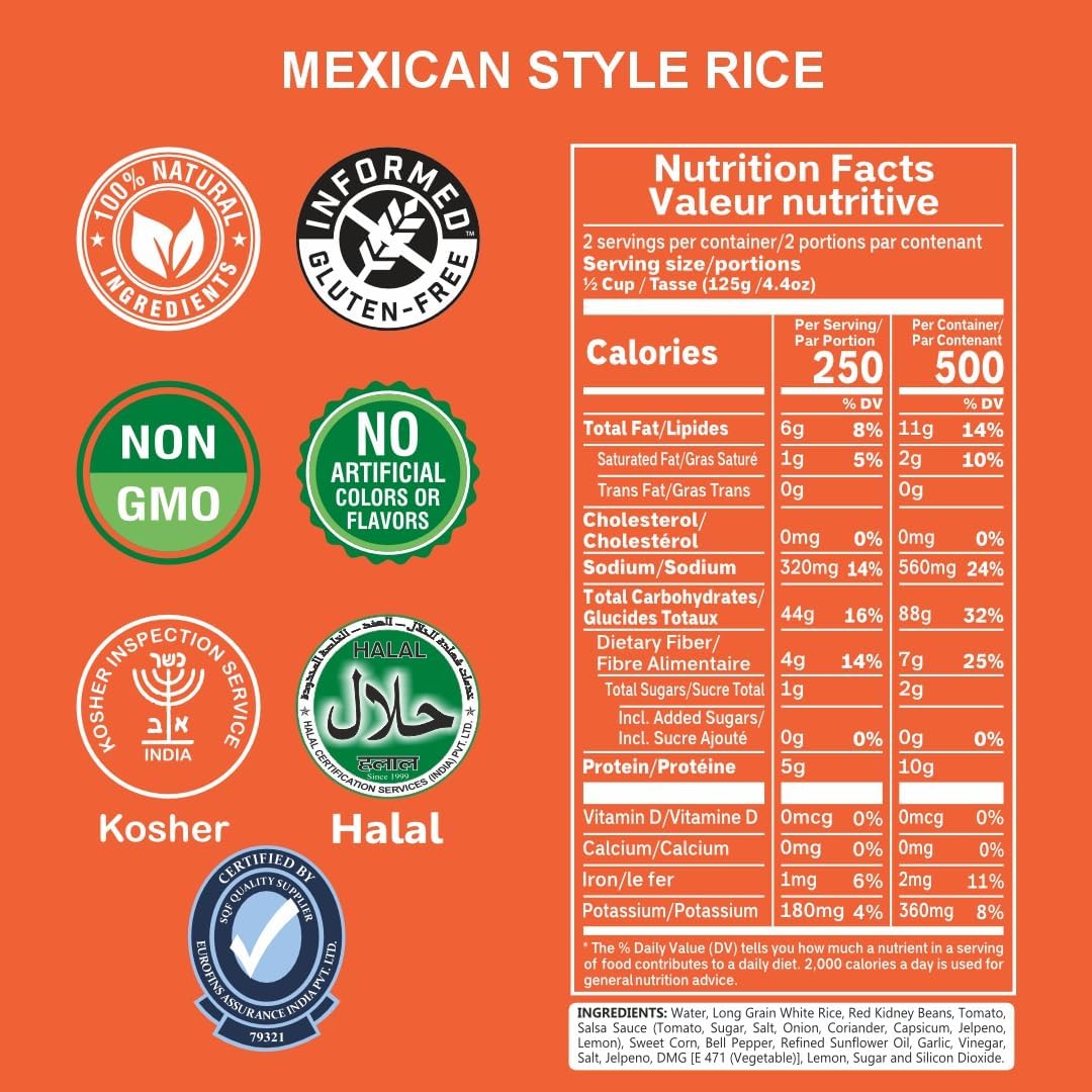 Ready-to-eat Mexican style rice by Regal Kitchen Foods, gluten-free, kosher, halal, in 8.8 oz packs, six-pack, prepared and served in bowls.