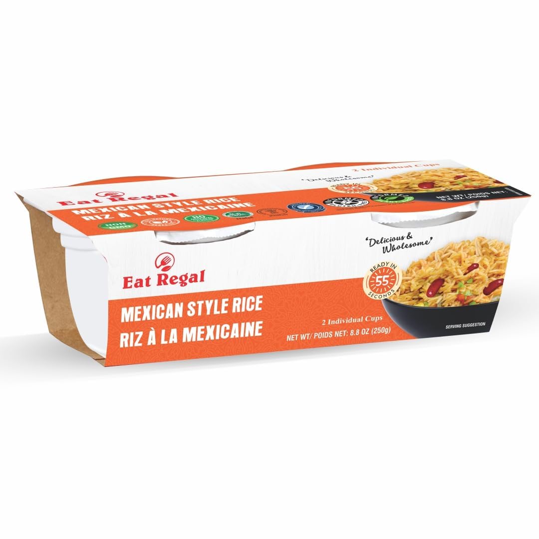 Ready-to-eat Regal Mexican Style Rice in 8.8 oz packs, gluten-free, kosher, halal, quick preparation, six-pack, packaged for convenience.