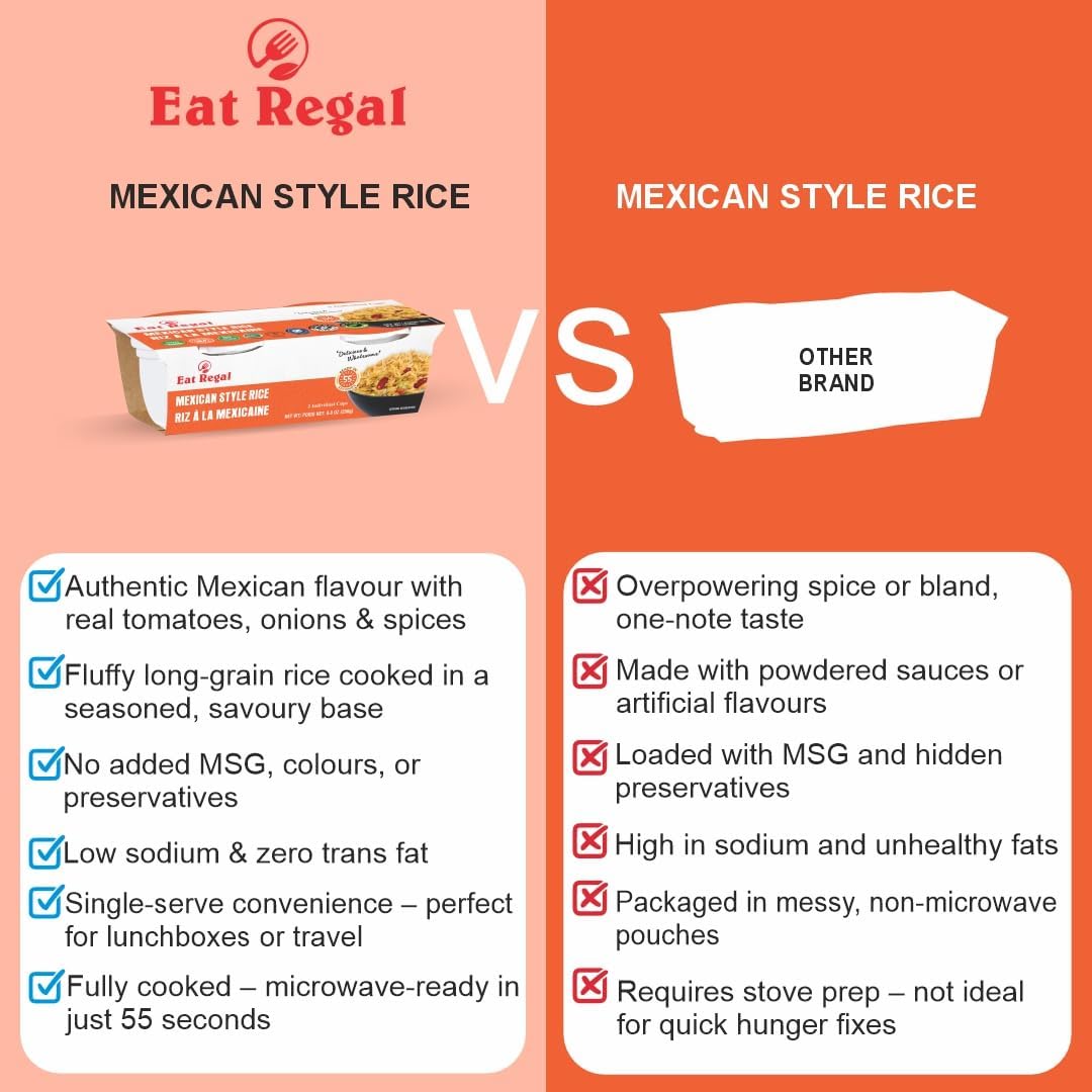 Ready-to-eat Mexican-style rice by Regal Kitchen Foods USA LLC, gluten-free, kosher, halal, in 8.8 oz pack.