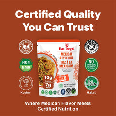 Ready-to-eat Mexican-style rice by Regal Kitchen Foods in 8.8 oz packs, served in a bowl with colorful spices and herbs.
