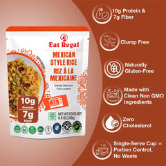 Pack of 12 Regal Kitchen Foods Mexican-style ready-to-eat rice bowls with steaming rice ready to serve