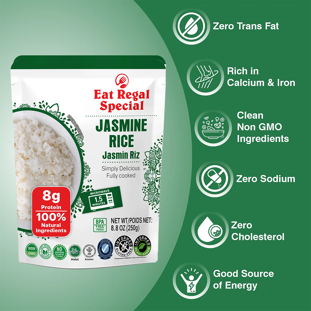Ready-to-eat Jasmine rice from Regal Kitchen Foods USA LLC, steamed and fluffy, served in a bowl with visible grains.
