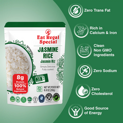 Ready-to-eat Jasmine rice from Regal Kitchen Foods USA LLC, steamed and fluffy, served in a bowl with visible grains.