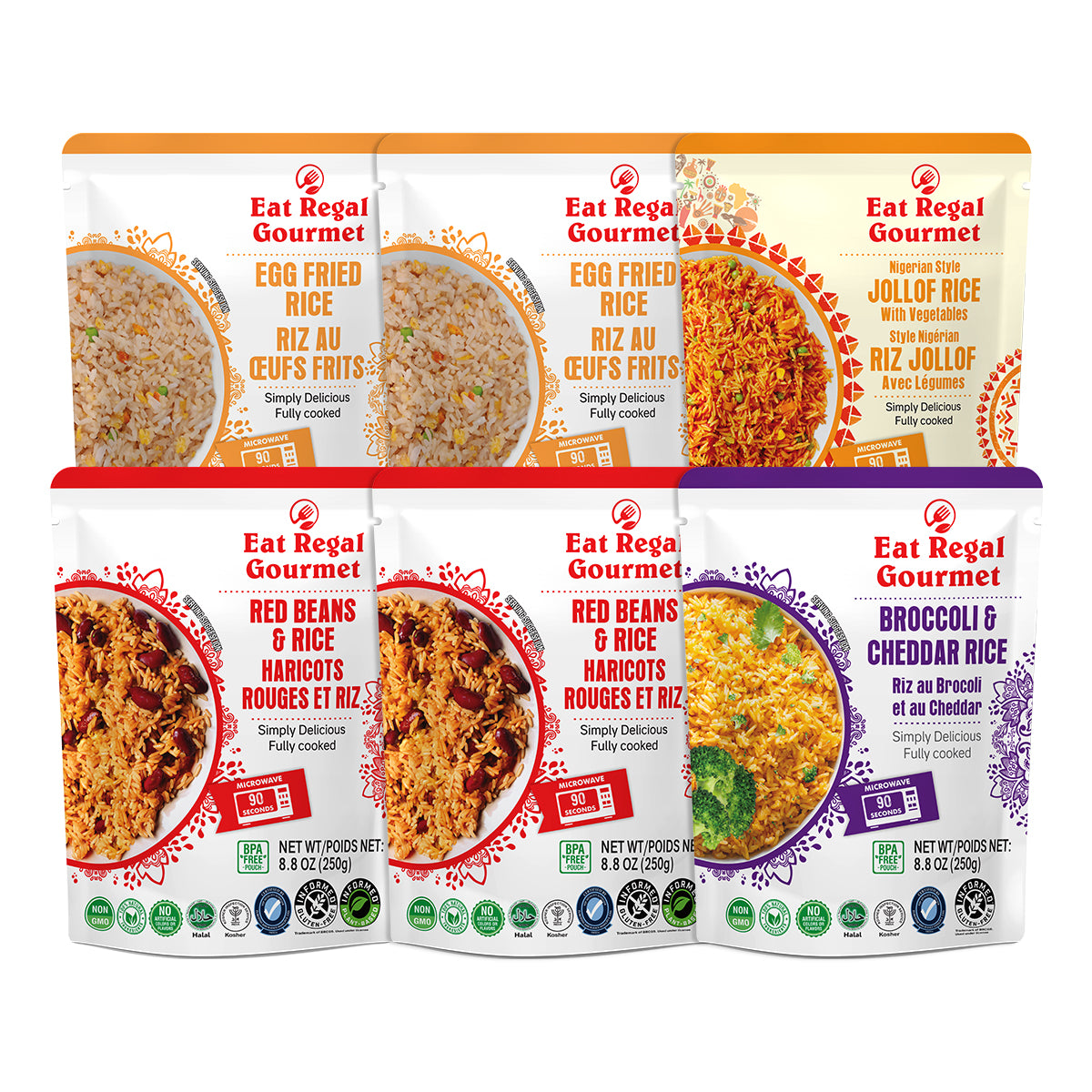 Eat Regal 4-flavor ready-to-eat rice variety pack by Regal Kitchen Foods with six pouches of egg fried, red beans, broccoli, and cheddar rice.