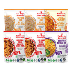 Eat Regal 4-flavor ready-to-eat rice variety pack by Regal Kitchen Foods with six pouches of egg fried, red beans, broccoli, and cheddar rice.