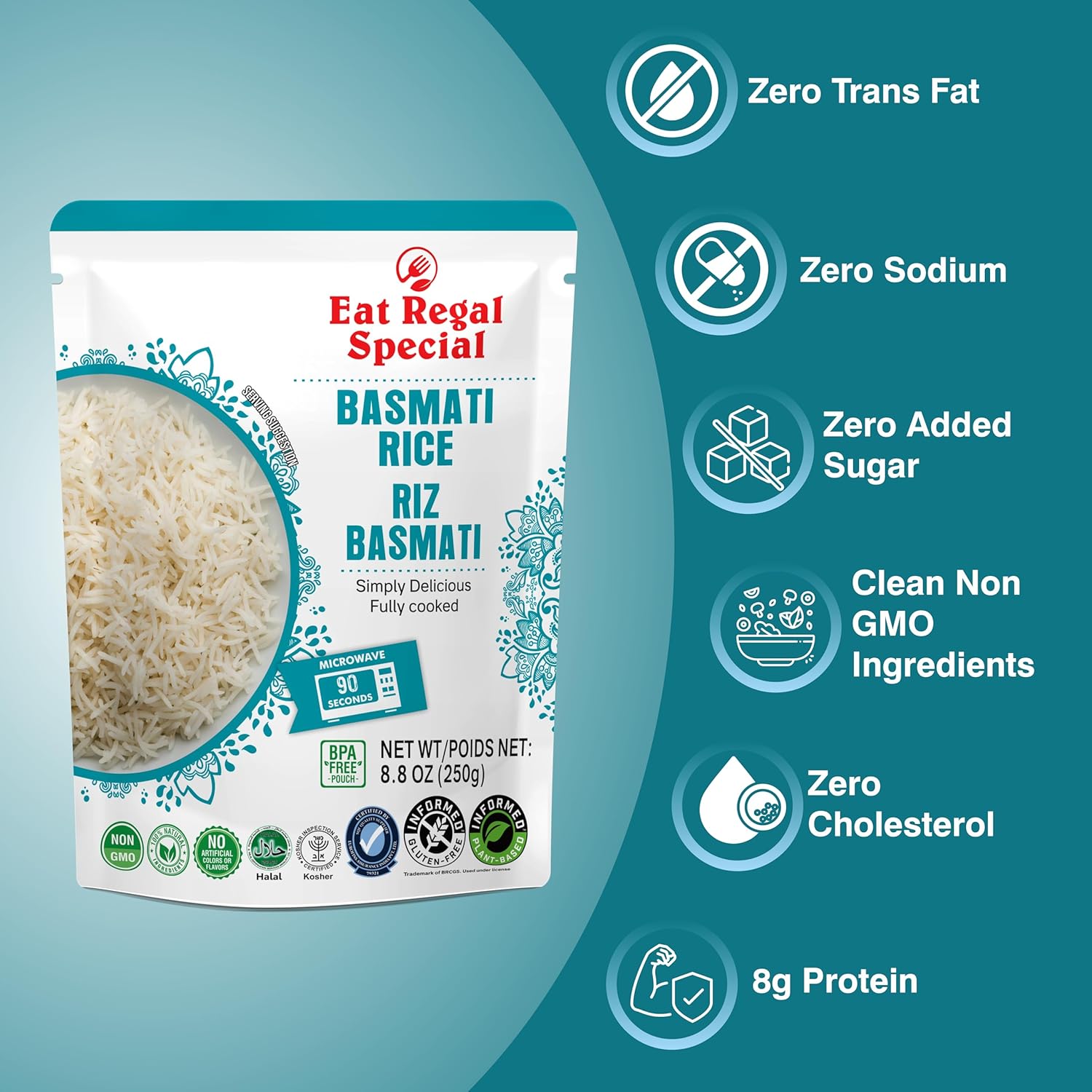Eat Regal Ready-to-Eat Rice Variety Pack with Cilantro & Lime and Basmati Rice in BPA-free pouches, gluten-free and non-GMO.