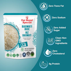 Eat Regal Ready-to-Eat Rice Variety Pack with Cilantro & Lime and Basmati Rice in BPA-free pouches, gluten-free and non-GMO.