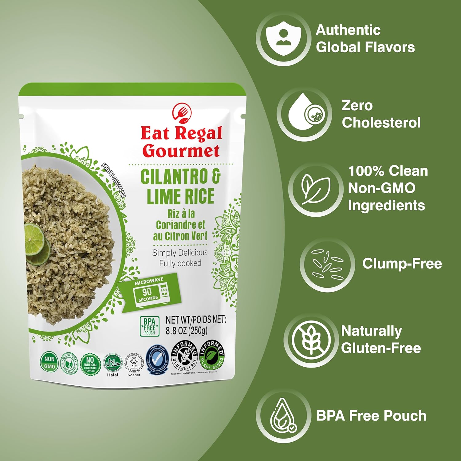 Assorted Regal Kitchen Foods ready-to-eat rice pouches including cilantro lime and basmati rice, microwaveable, gluten-free, non-GMO, BPA-free.