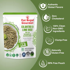 Assorted Regal Kitchen Foods ready-to-eat rice pouches including cilantro lime and basmati rice, microwaveable, gluten-free, non-GMO, BPA-free.