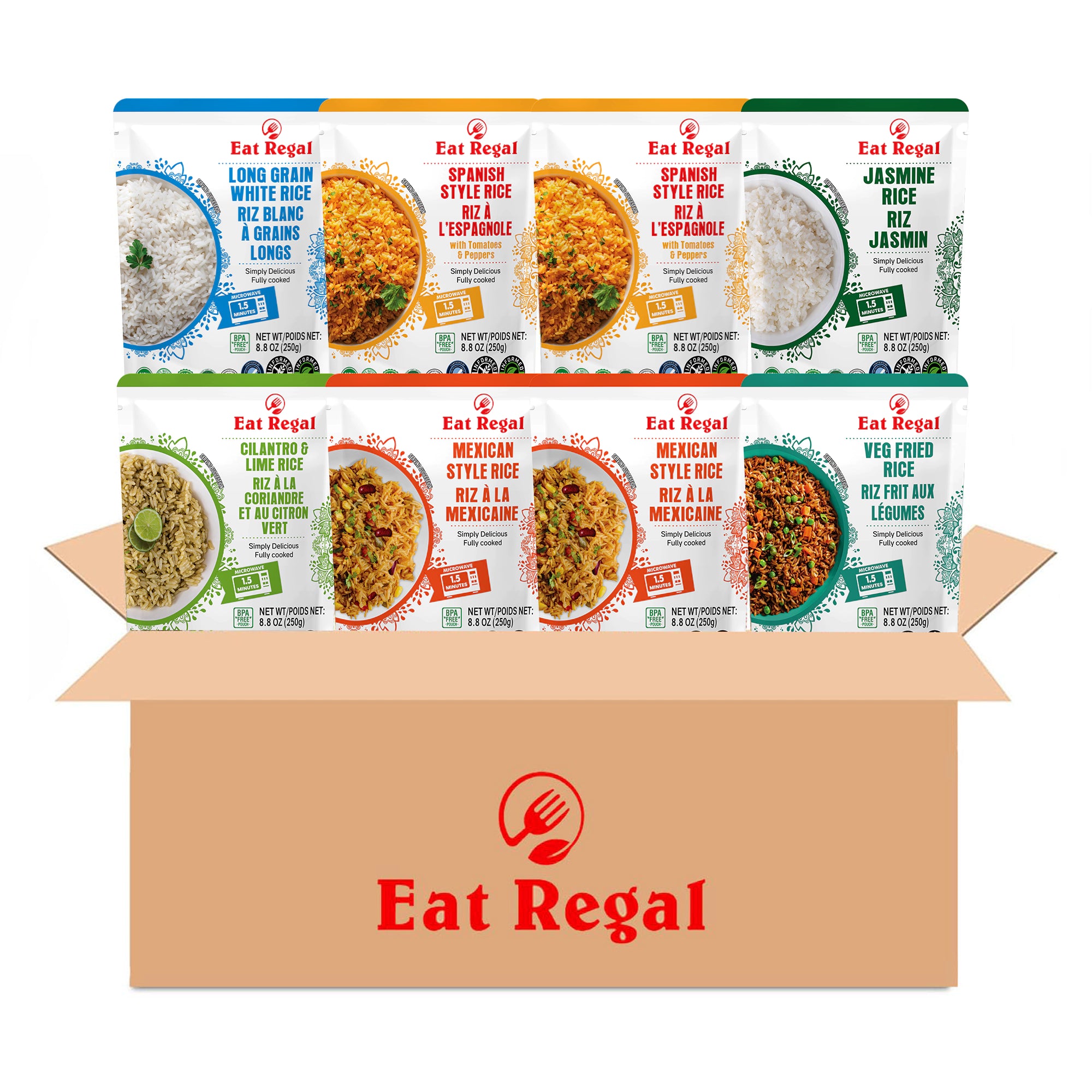 Eat Regal 6-flavor rice variety pack with 12 ready-to-eat rice pouches from Regal Kitchen Foods USA LLC, each 8.8 oz.