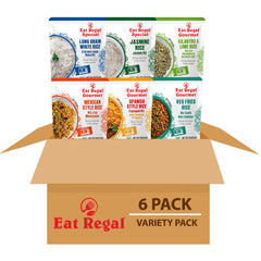 Ready-to-eat rice variety pack with six pouches from Regal Kitchen Foods, featuring different flavors in 8.8 oz pouches.