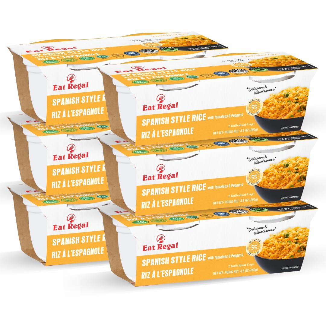Regal Kitchen Foods USA LLC ready-to-eat Spanish style rice cups with fluffy texture, authentic flavor, gluten-free and non-GMO.
