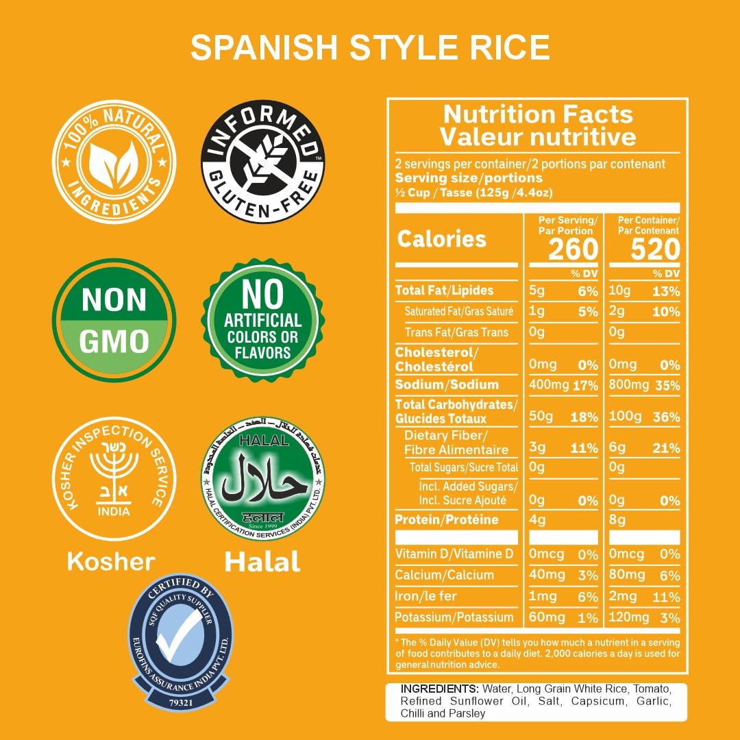 Pack of six Regal Kitchen Foods USA LLC ready-to-eat Spanish-style rice cups with fluffy texture and authentic flavor.