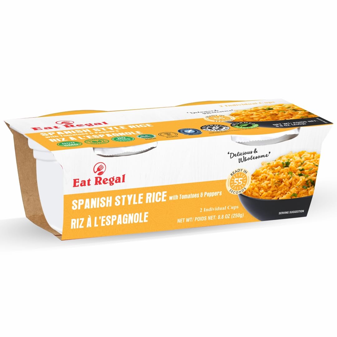 Ready-to-eat Regal Spanish Style Rice Cups with fluffy texture, authentic flavor, and nutritional info, in a pack of 6.