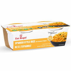 Ready-to-eat Regal Spanish Style Rice Cups with fluffy texture, authentic flavor, and nutritional info, in a pack of 6.
