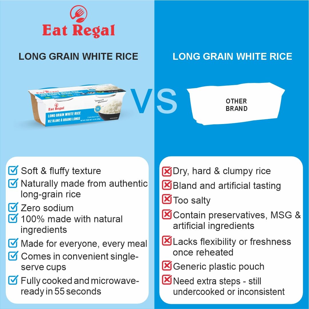 Six packs of Regal Kitchen Foods USA LLC Ready-to-eat Long Grain White Rice cups, 8.8 oz each, with two cups per pack.