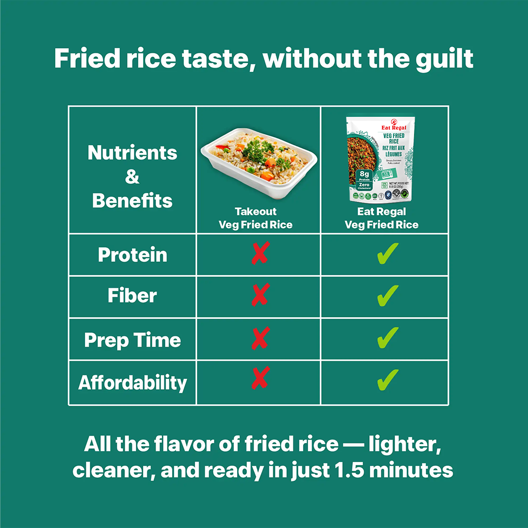 Eat Regal Veg Fried Rice by Regal Kitchen Foods, ready-to-eat vegetable rice in 8.8 oz packs, perfect for quick savory meals.