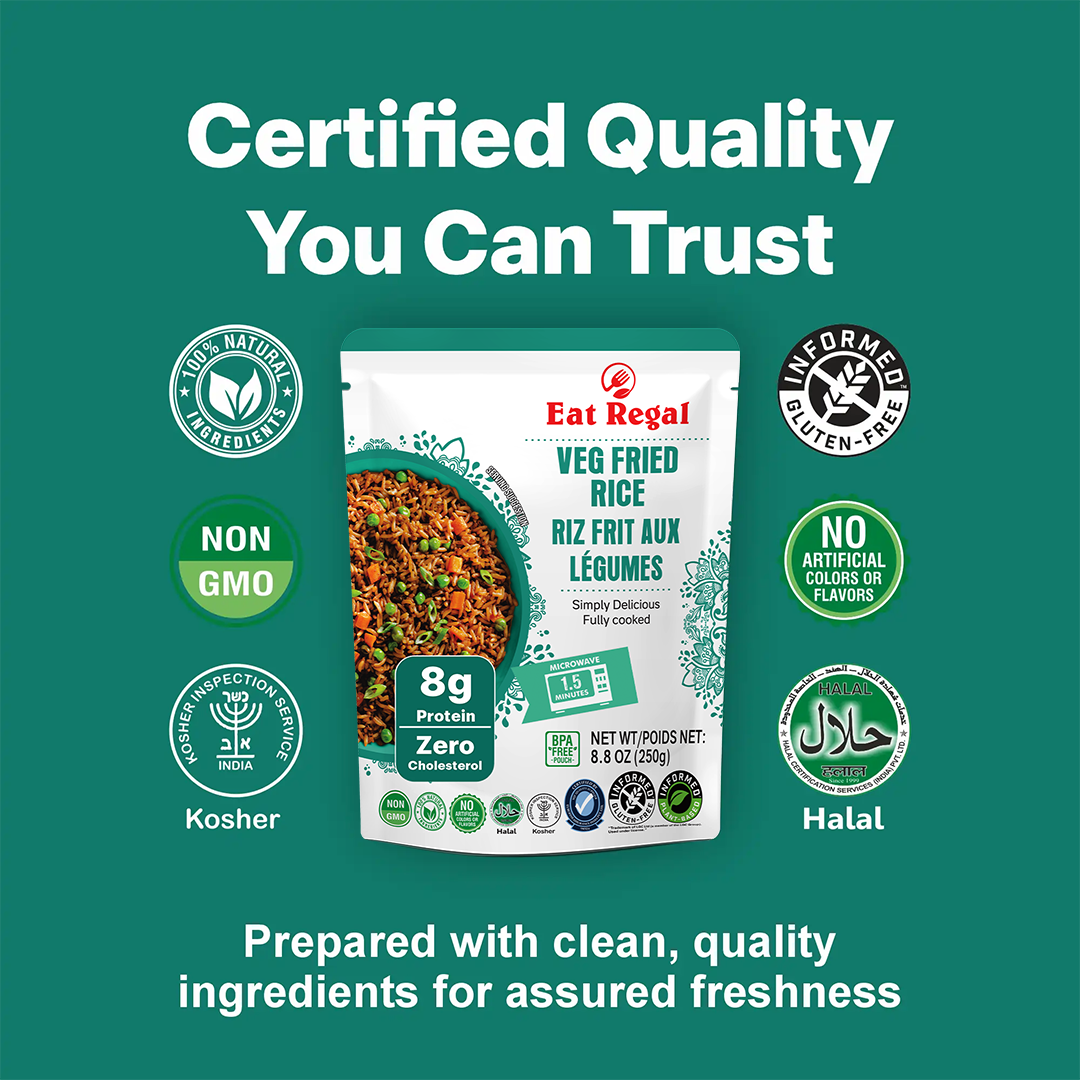Regal Kitchen Foods USA LLC Veg Fried Rice, ready-to-eat vegetable rice in 8.8 oz pack, colorful vegetables and rice in a bowl.