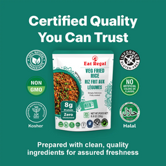 Regal Kitchen Foods USA LLC Veg Fried Rice, ready-to-eat vegetable rice in 8.8 oz pack, colorful vegetables and rice in a bowl.