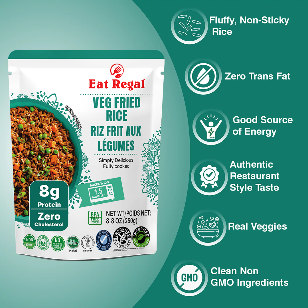 Ready-to-eat Regal Kitchen Foods Veg Fried Rice with colorful vegetables in a bowl, quick and savory vegetable rice meal.