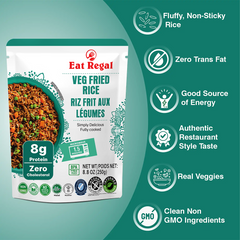 Ready-to-eat Regal Kitchen Foods Veg Fried Rice with colorful vegetables in a bowl, quick and savory vegetable rice meal.