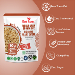 Ready-to-eat Regal Whole Grain Brown Rice in 8.8 oz packs, showing cooked rice served on a plate with fresh vegetables.