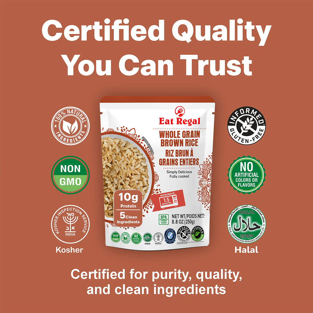 Pack of six Regal Kitchen Foods USA LLC ready-to-eat whole grain brown rice containers, showing the rice and packaging.