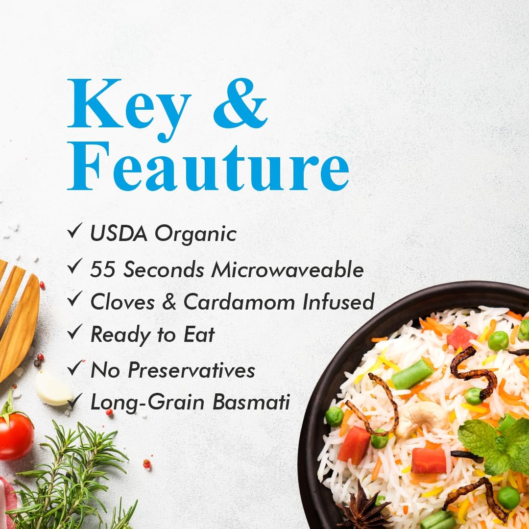 Pack of six USDA Organic Regal Kitchen Foods ready-to-eat Basmati rice with cloves and cardamom, microwaveable in 1 minute.
