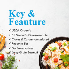 Pack of six USDA Organic Regal Kitchen Foods ready-to-eat Basmati rice with cloves and cardamom, microwaveable in 1 minute.