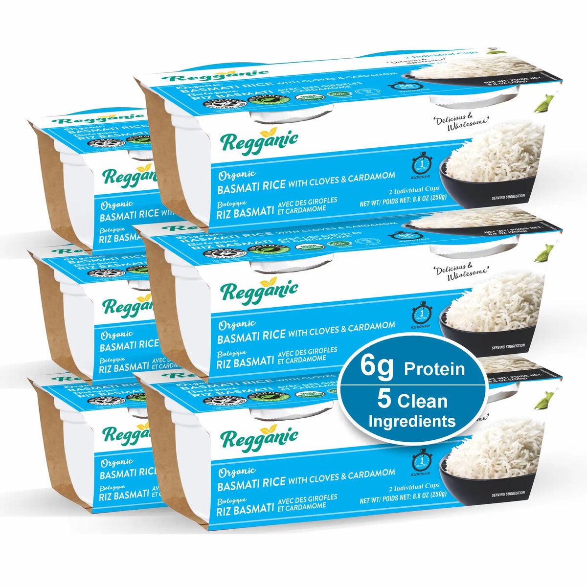 Ready-to-eat Regal Kitchen Foods USDA Organic Basmati Rice with cloves and cardamom in microwaveable pack, 6-pack, Halal and Kosher.