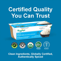 Ready-to-eat Reganic Basmati Rice with cloves and cardamom in microwaveable pack, USDA Organic, Halal, and Kosher by Regal Kitchen Foods.