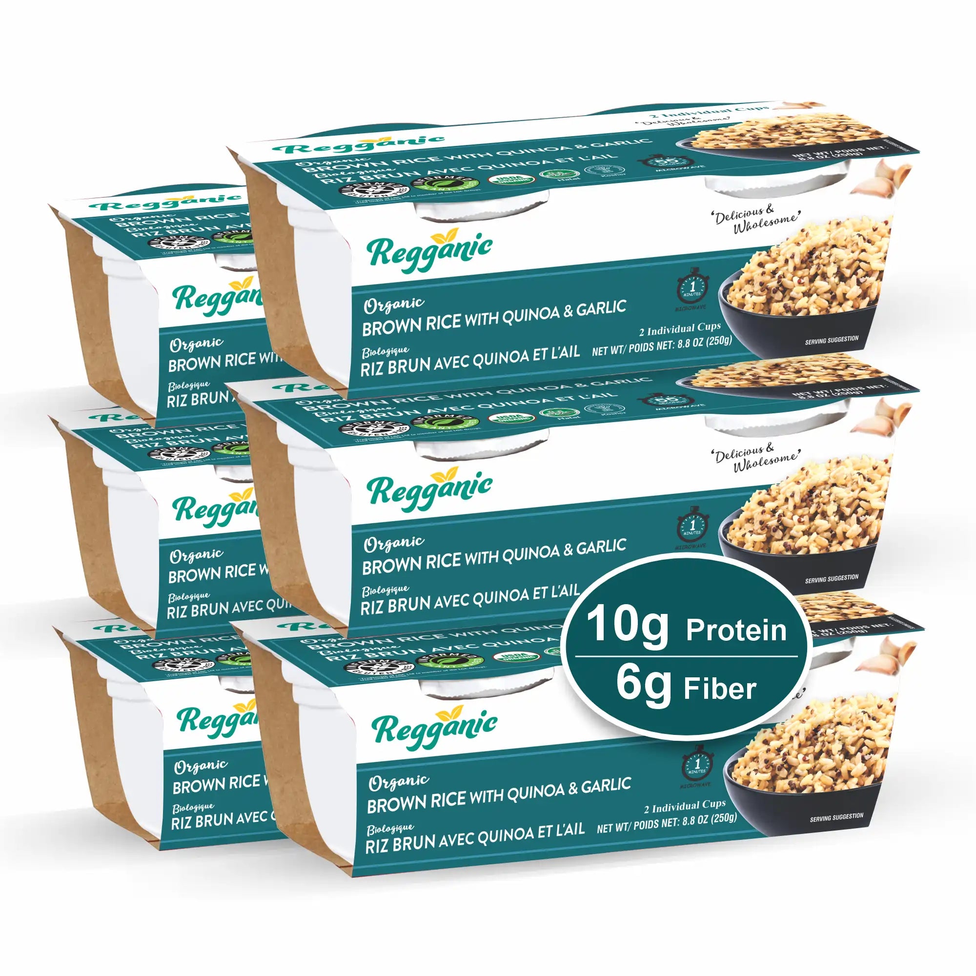 Ready-to-eat organic brown rice with quinoa and garlic in 2 individual cups, part of a pack of 6 from Regal Kitchen Foods USA.