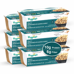 Ready-to-eat organic brown rice with quinoa and garlic in 2 individual cups, part of a pack of 6 from Regal Kitchen Foods USA.