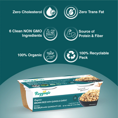 Reganic organic brown rice with quinoa and garlic ready-to-eat cups, 2 per pack, shown in individual packaging from Regal Kitchen Foods USA.