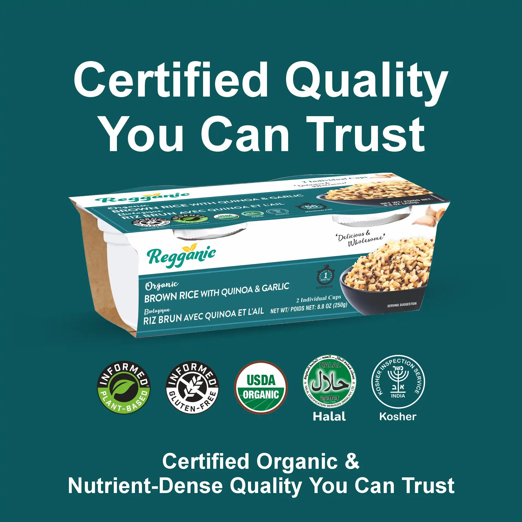 Ready-to-eat organic brown rice with quinoa and garlic in two cups, packaged in a pack of six from Regal Kitchen Foods USA LLC.