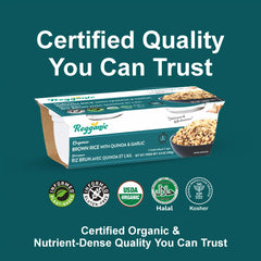 Ready-to-eat organic brown rice with quinoa and garlic in two cups, packaged in a pack of six from Regal Kitchen Foods USA LLC.