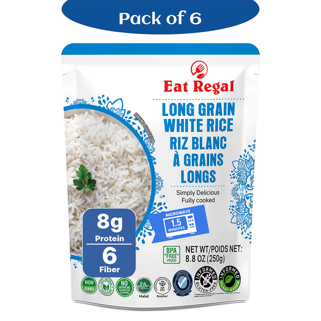 Six-pack of Regal Kitchen Foods USA LLC ready-to-eat long grain white rice, fluffy and versatile, shown in individual 8.8 oz packages.