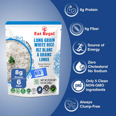 Six-pack of Regal Kitchen Foods USA LLC ready-to-eat long grain white rice, fluffy, versatile, in 8.8 oz packages.