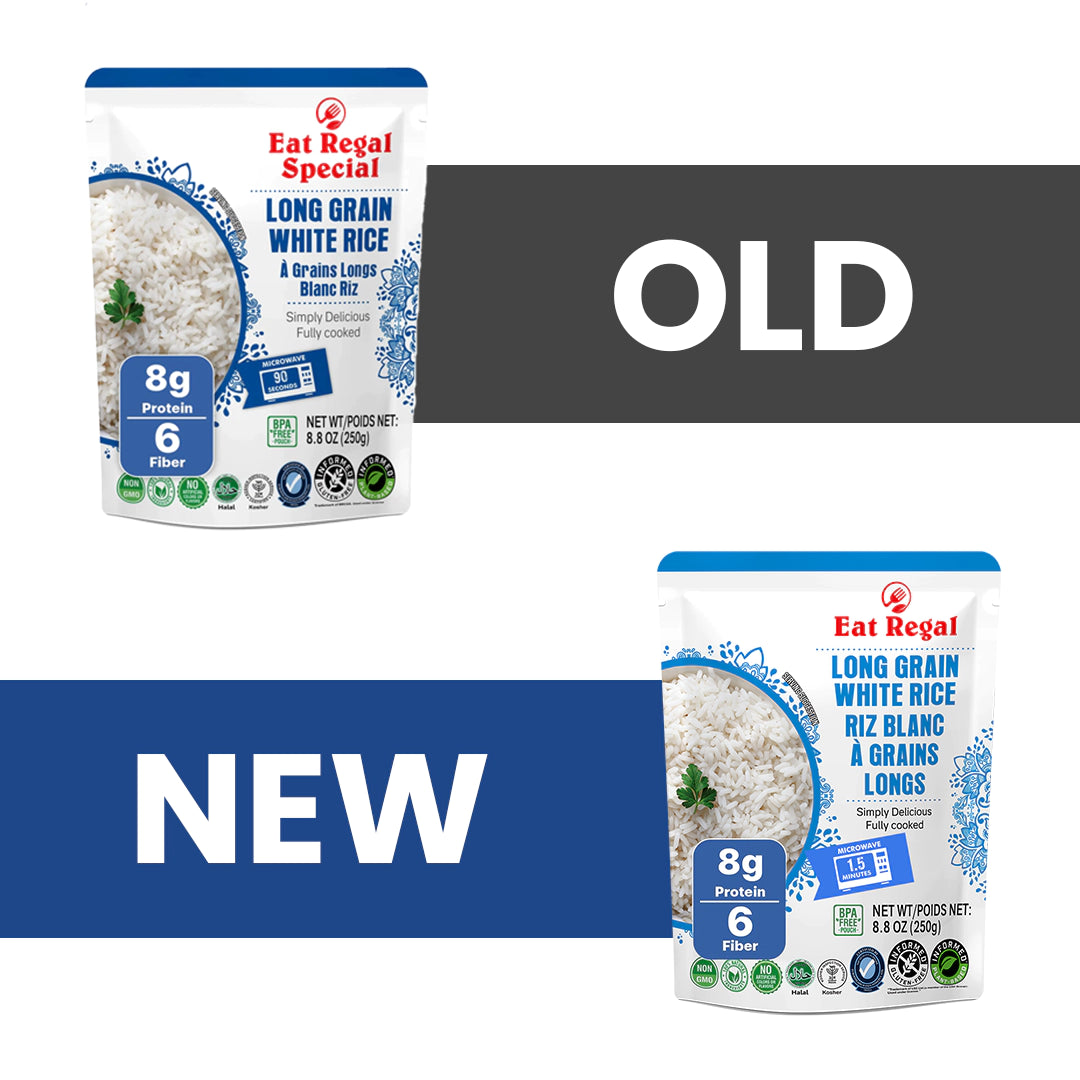Six-pack of Regal Kitchen Foods USA LLC ready-to-eat long grain white rice, fluffy, versatile, and quick to prepare in 1.5 minutes.